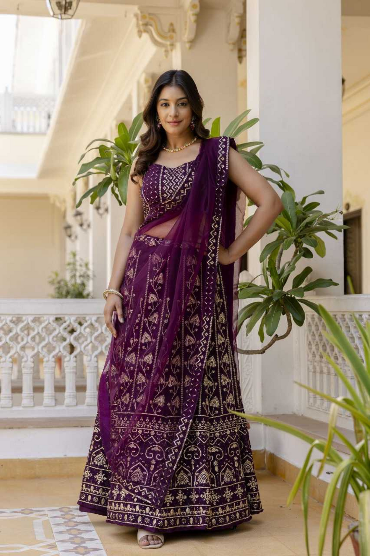 Royal Purple Georgette Embroidered Lehenga Set