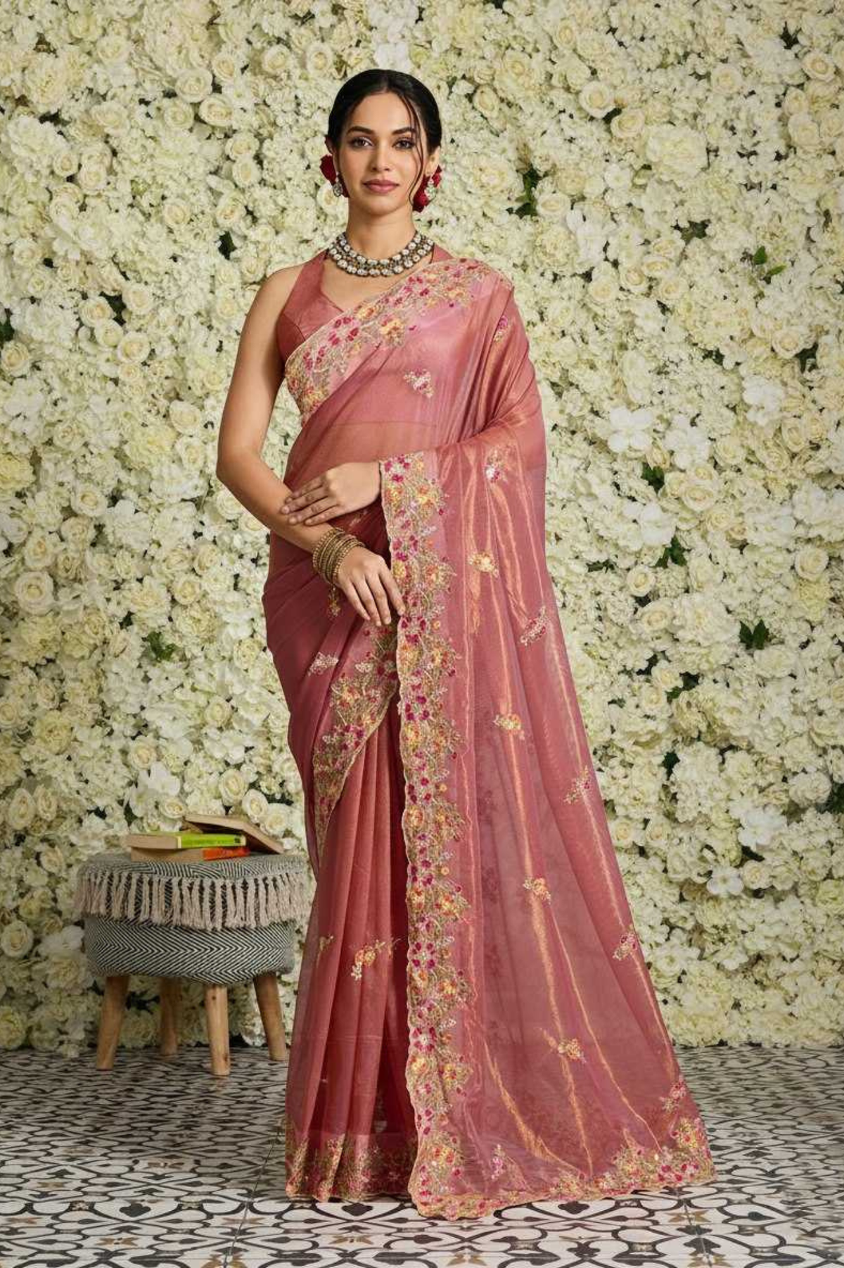 Fendy Soft Net Chikankari Embroidered Saree with Mono Banglory Blouse