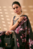 Soft Lichi Silk Saree with Digital Cherry Blossom Print & Golden Zari Border