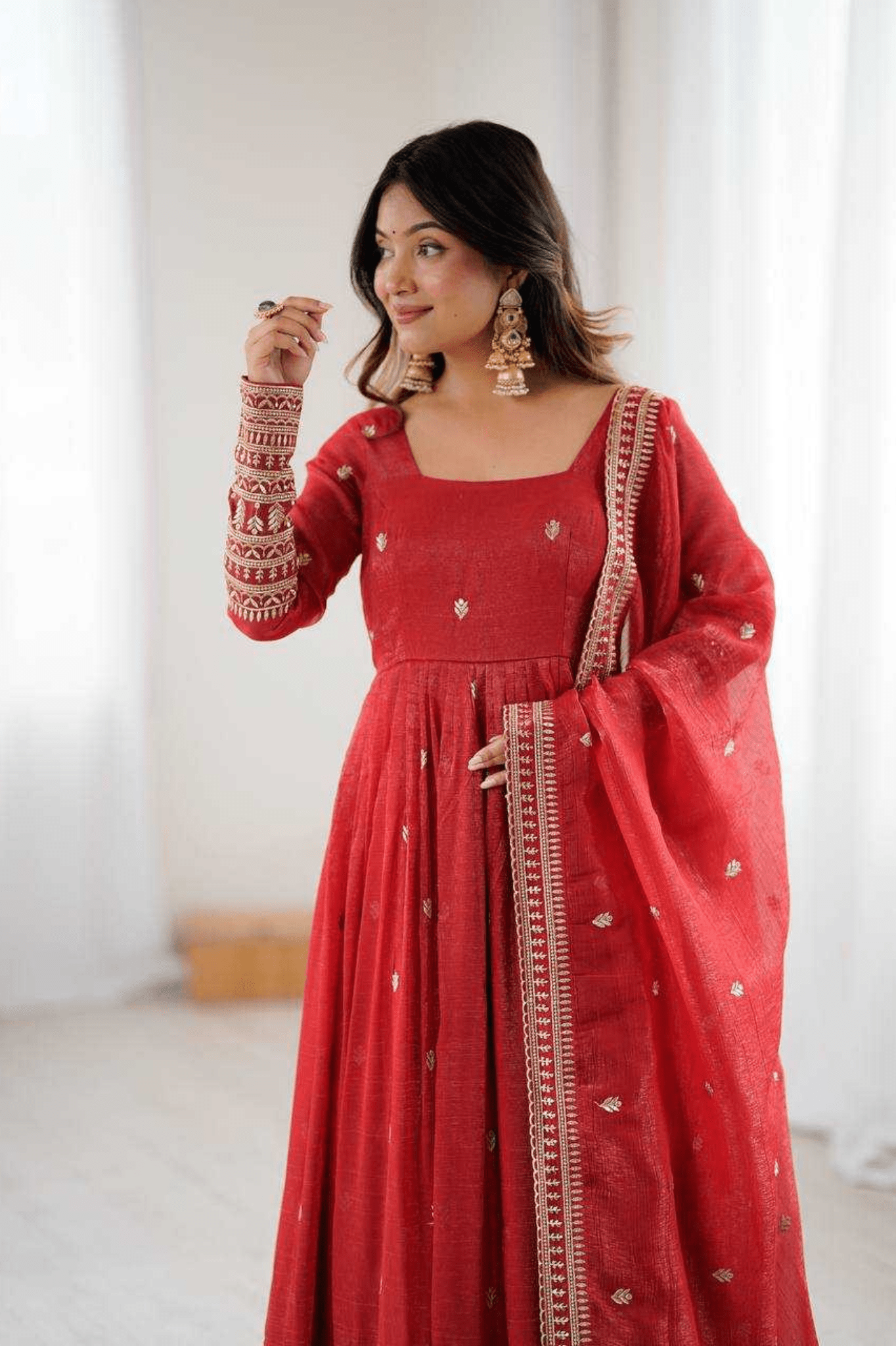 Crimson Heritage Crunchy Silk Anarkali Gown Set with Dupatta - kavyo.in