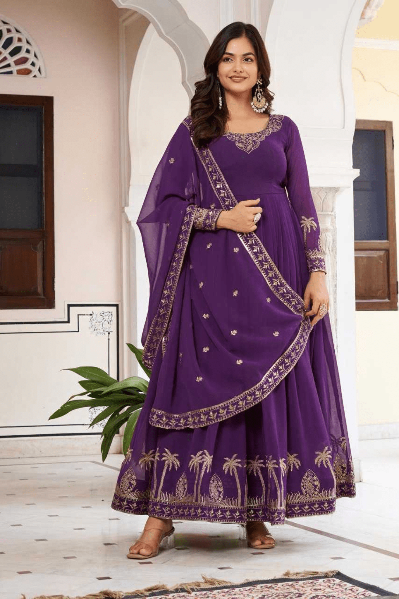 Royal Amethyst Faux Georgette Anarkali Gown Set with Dupatta - kavyo.in