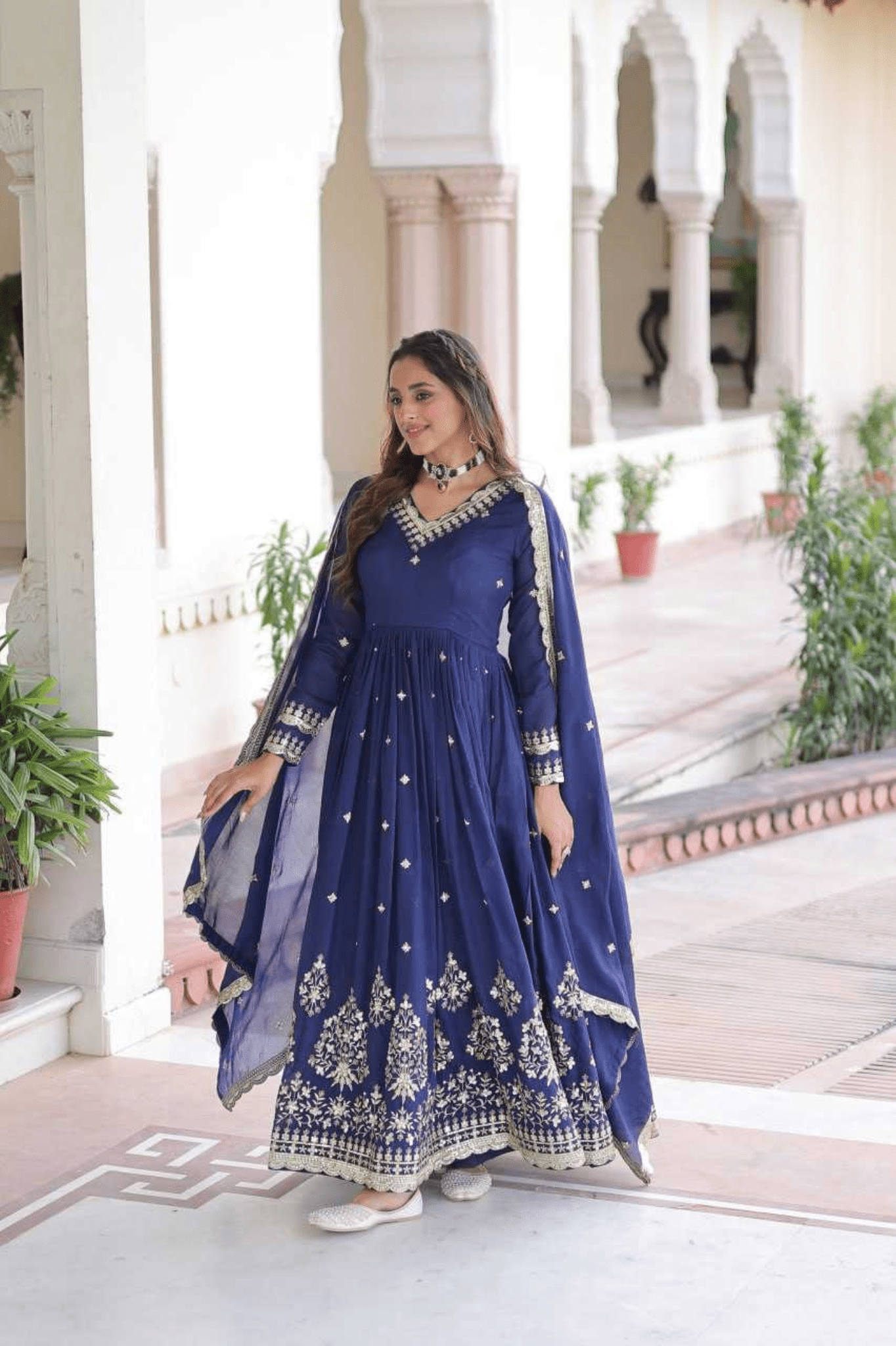 Teal Blue Royal Vichitra Silk Anarkali Gown Set - kavyo.in