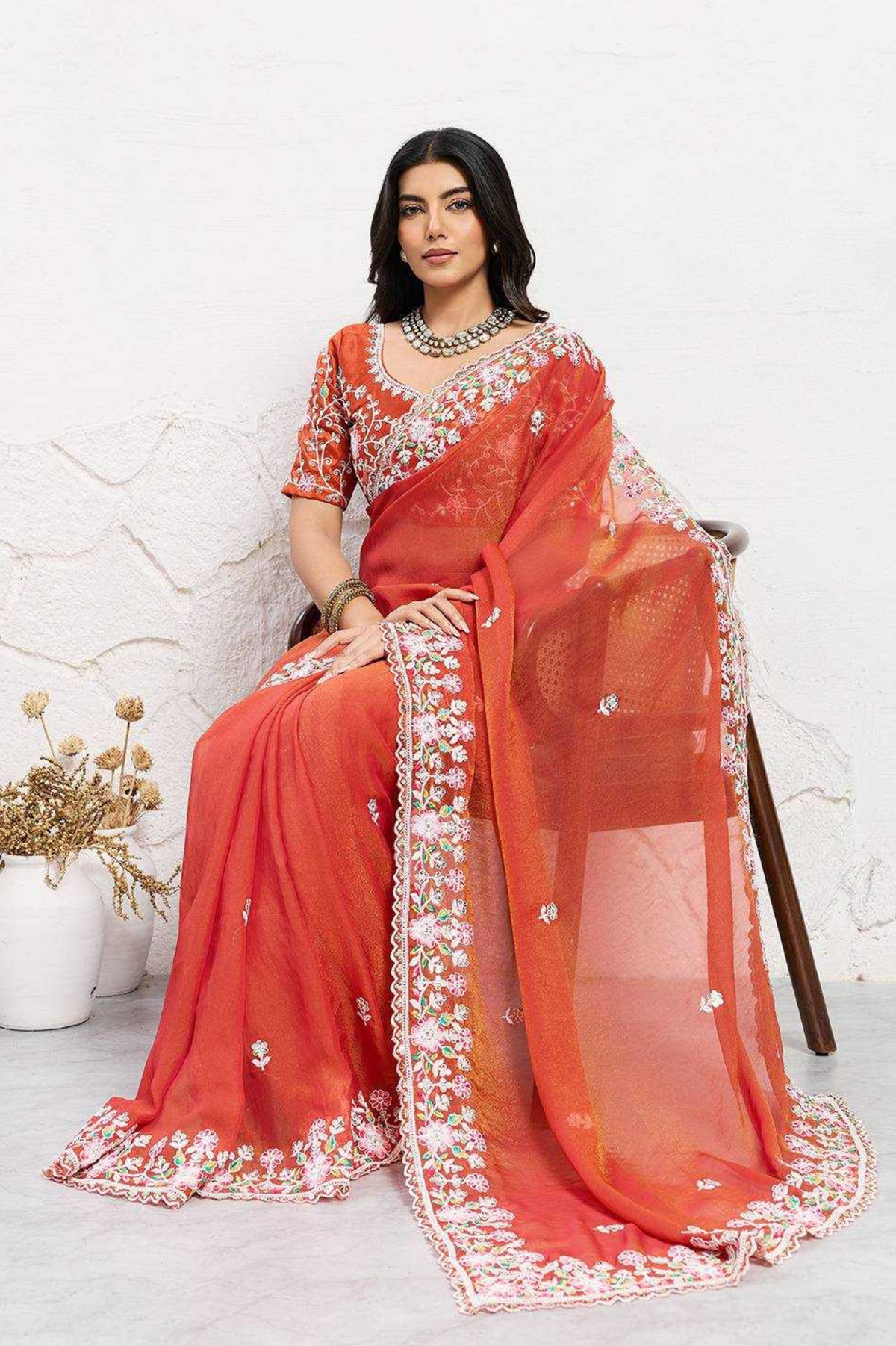 Soft Moss Chiffon Saree with Embroidered Aari Cutwork Border