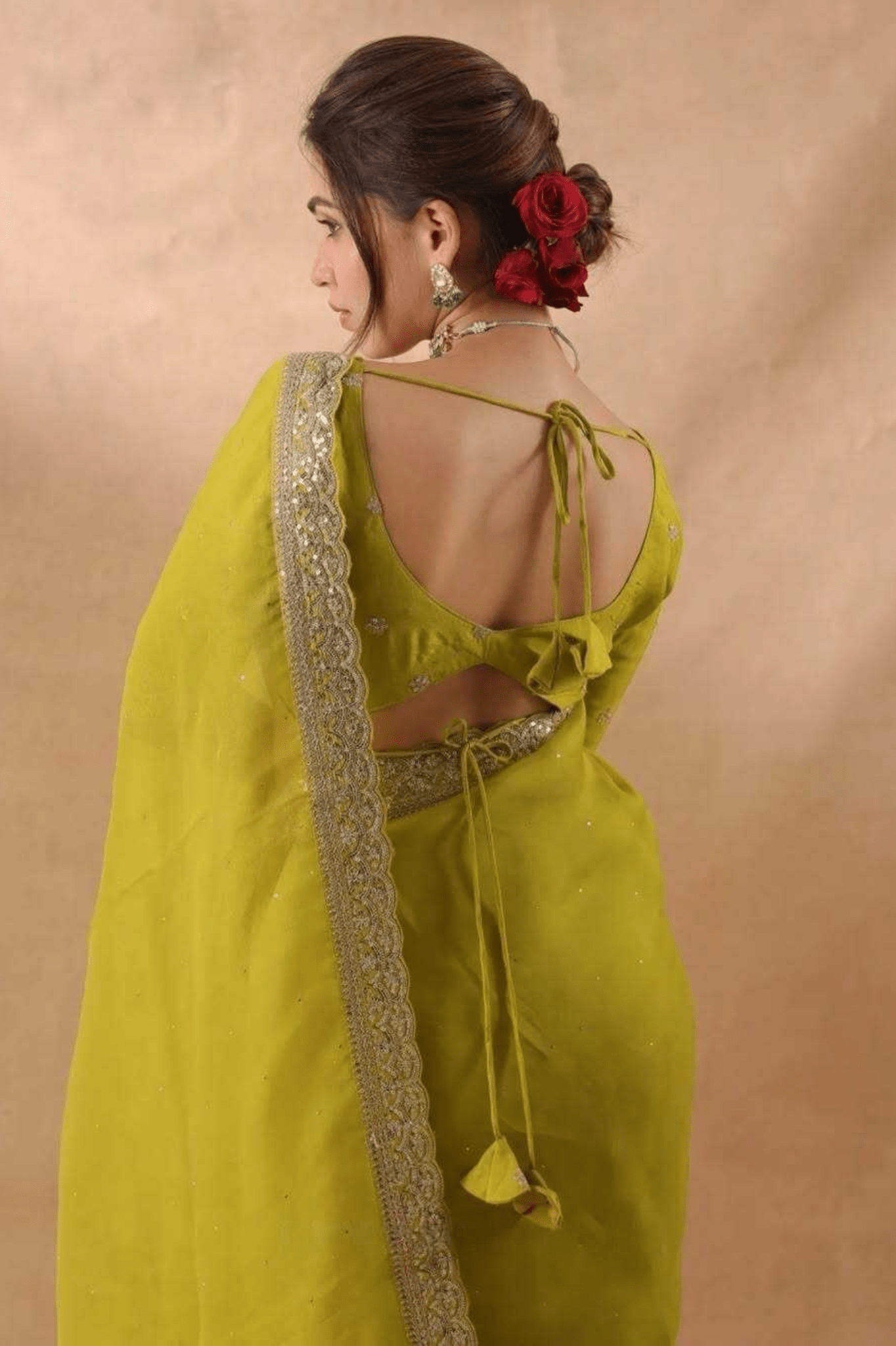 Lime Aura Soft Zimmy Chu Silk Embroidered Saree with Designer Blouse - kavyo.in