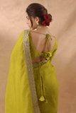 Lime Aura Soft Zimmy Chu Silk Embroidered Saree with Designer Blouse - kavyo.in
