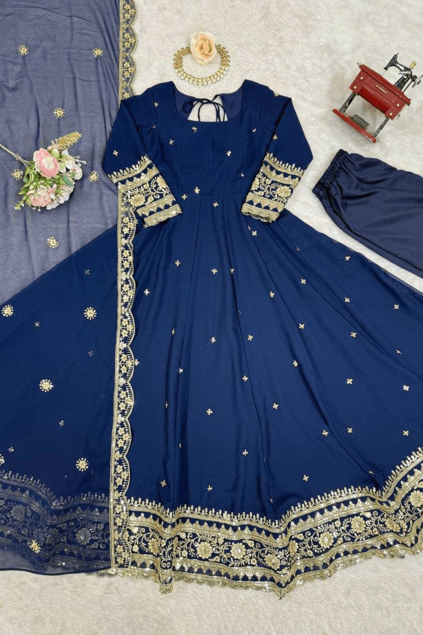 Regal Charm Faux Georgette Embroidered Gown Set with Dupatta - kavyo.in