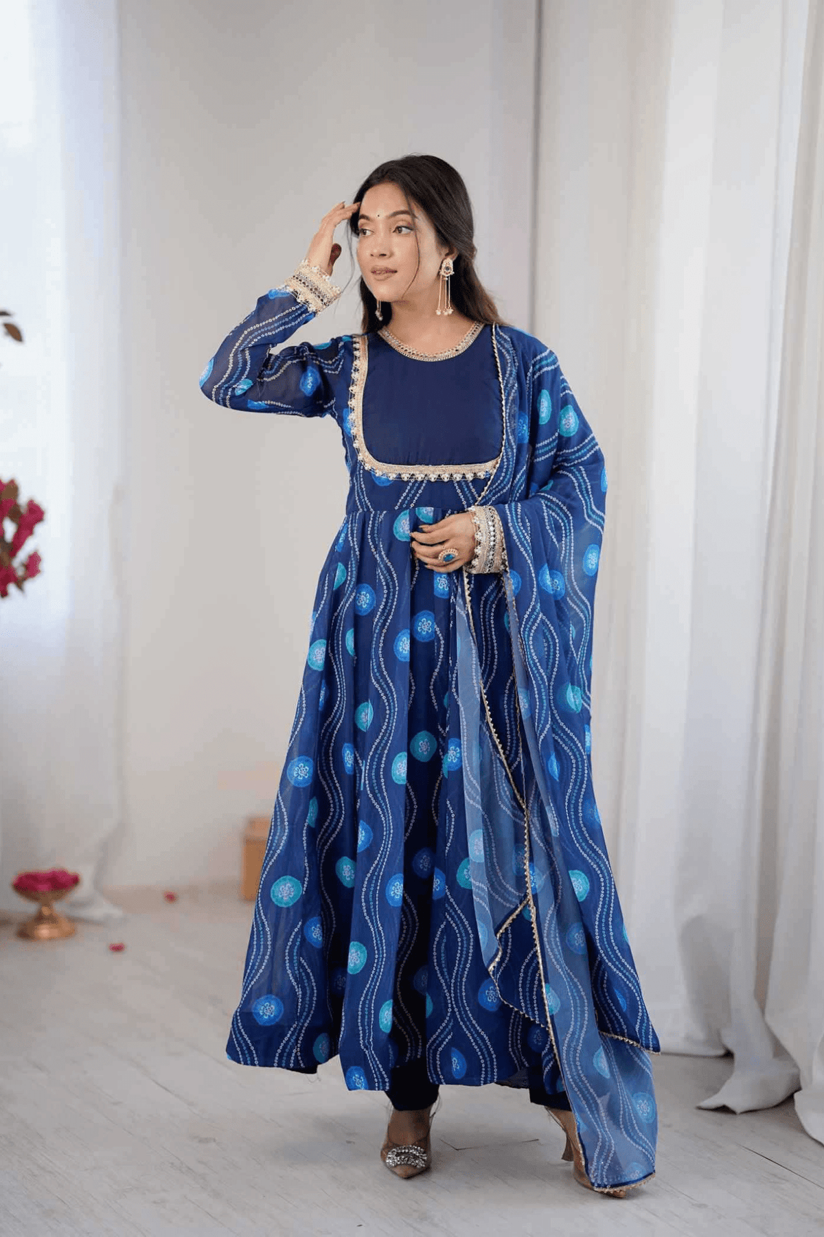 Royal Blue Bandhani Print Fox Georgette Anarkali Gown Set with Dupatta & Pant - kavyo.in