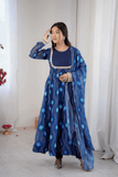 Royal Blue Bandhani Print Fox Georgette Anarkali Gown Set with Dupatta & Pant - kavyo.in