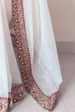 Off White Banarasi Crush Saree with Maroon Embroidered Blouse & Sequins Border