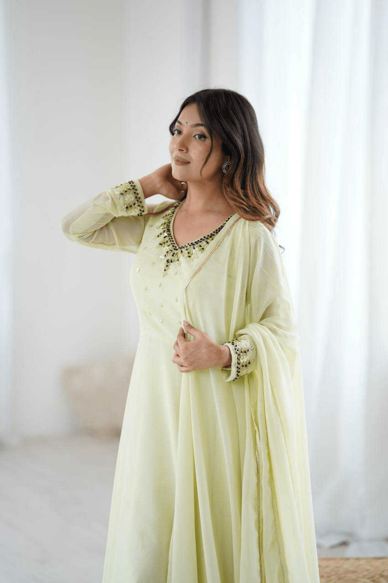 Elegant Lemon Yellow Fox Georgette Handwork Anarkali Suit Set - kavyo.in