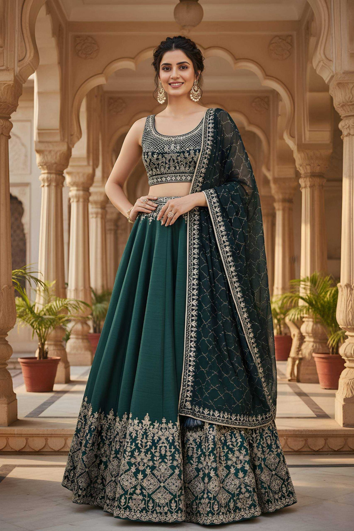 Emerald Green Tapeta Silk Zari Embroidered Lehenga Set