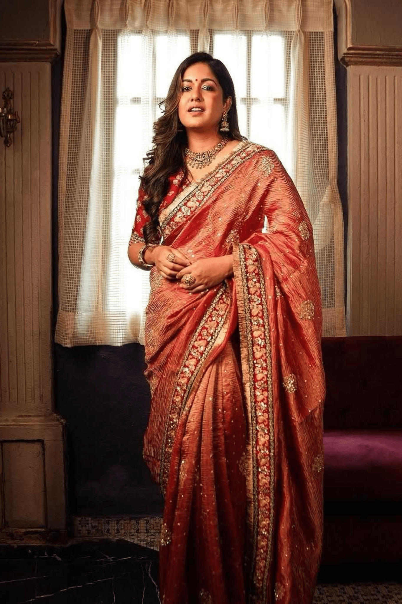 Rani Ember Heavy Banarasi Crush Silk Saree with Embroidered Sequin Blouse - kavyo.in
