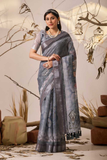 Steel Grey Premium Linen Cotton Digital Print Saree