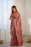 Red Kutchi Print Heavy Chinnon Saree with Mirror Lace Border