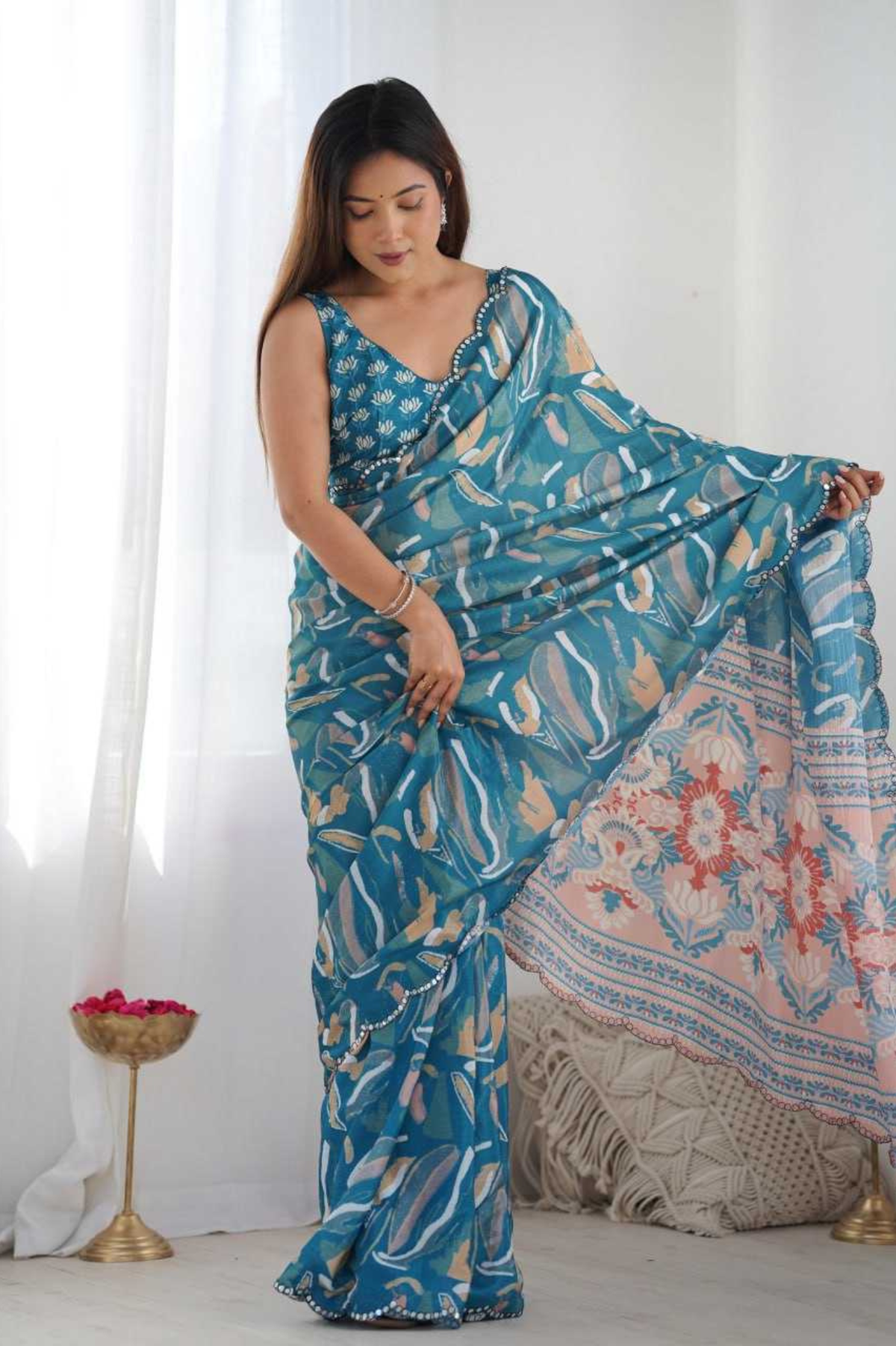 Teal Blue Printed Heavy Chinnon Saree with Mirror Lace Border