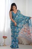 Teal Blue Printed Heavy Chinnon Saree with Mirror Lace Border