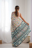 Abstract Print Heavy Chinnon Saree with Mirror Lace Detailing