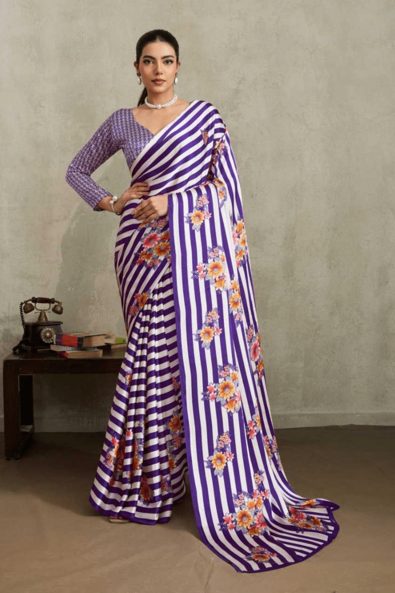 Modern Monochrome Ajrakh Modal Satin Saree - kavyo.in