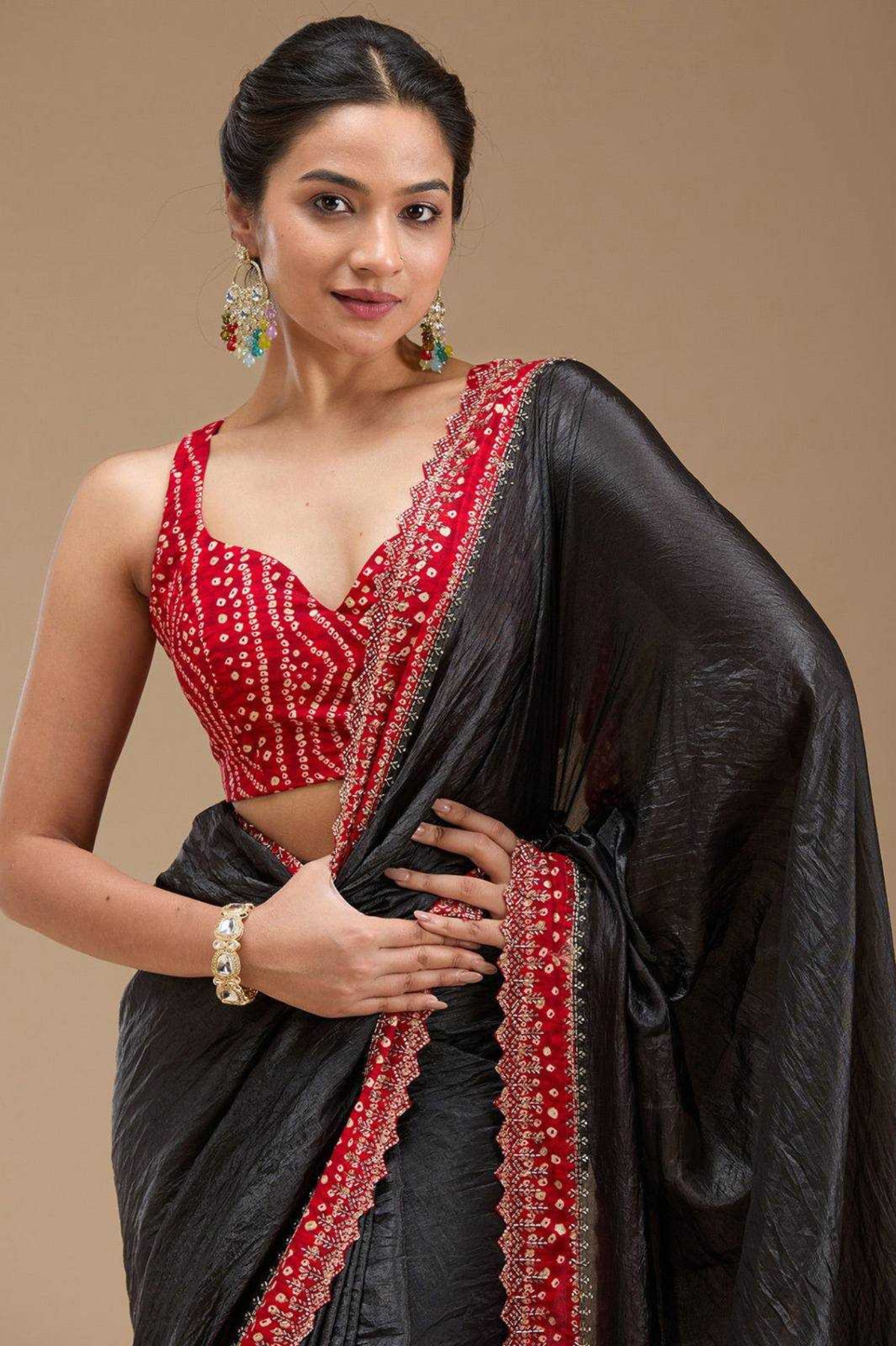 Black Tissue Gold Crush Saree with Bandhani Border & Bead Handwork