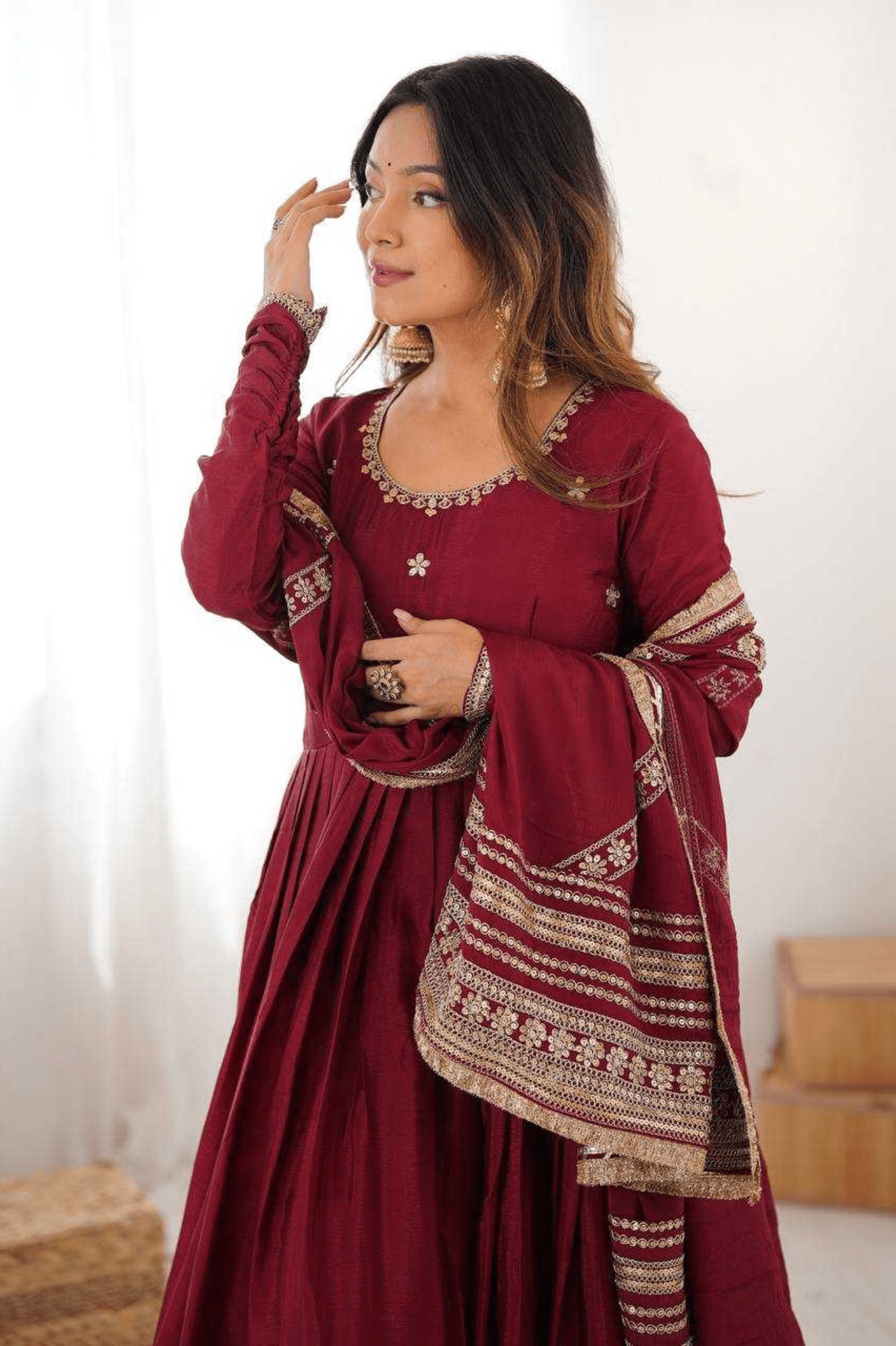 Maroon Chinon Silk Embroidered Anarkali Gown Set with Dupatta - kavyo.in