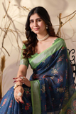 Navy Bloom Premium Linen Cotton Printed Saree