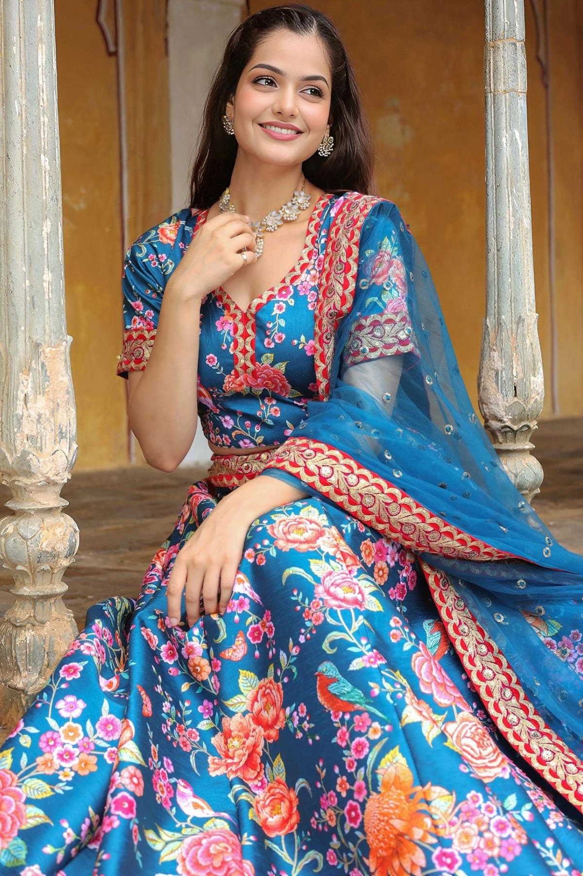 Blue Art Silk Floral Embroidered Semi-Stitched Lehenga Set