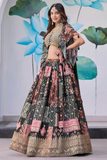 Black Multicolor Patchwork Chinnon Silk Lehenga Choli Set with Choker-Style Chiffon Dupatta