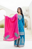 Teal Blue Chinon Silk Kurti Set with Pink Dupatta