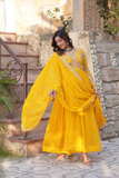 Yellow Faux Blooming Embroidered Zari Sequins Gown with Dupatta
