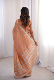 Pure Spun Cotton Peach Saree with Real Mirror Work & Jari Embroidery