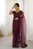 Net Saree with Heavy Sequins & Dori Work- Wine