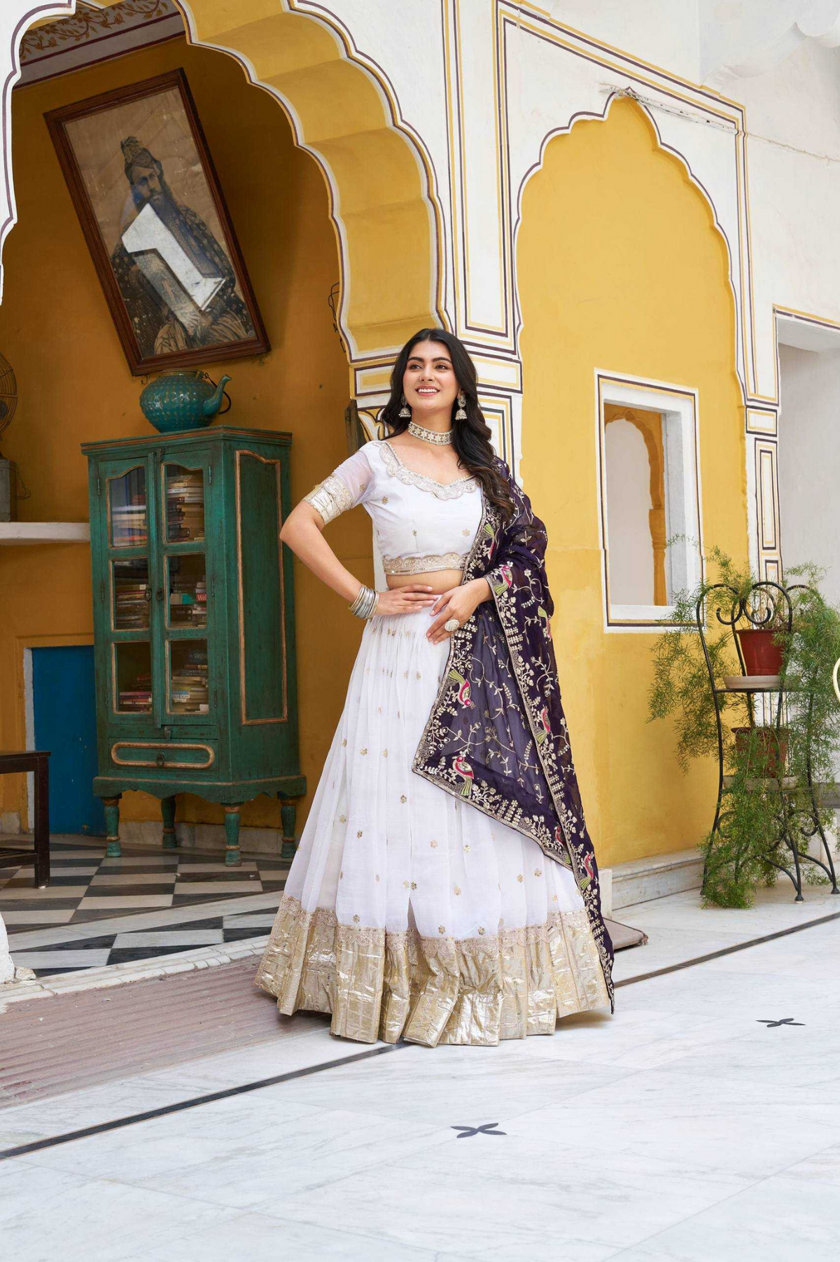 White & Purple Crunchi Embroidered Lehenga with Dupatta