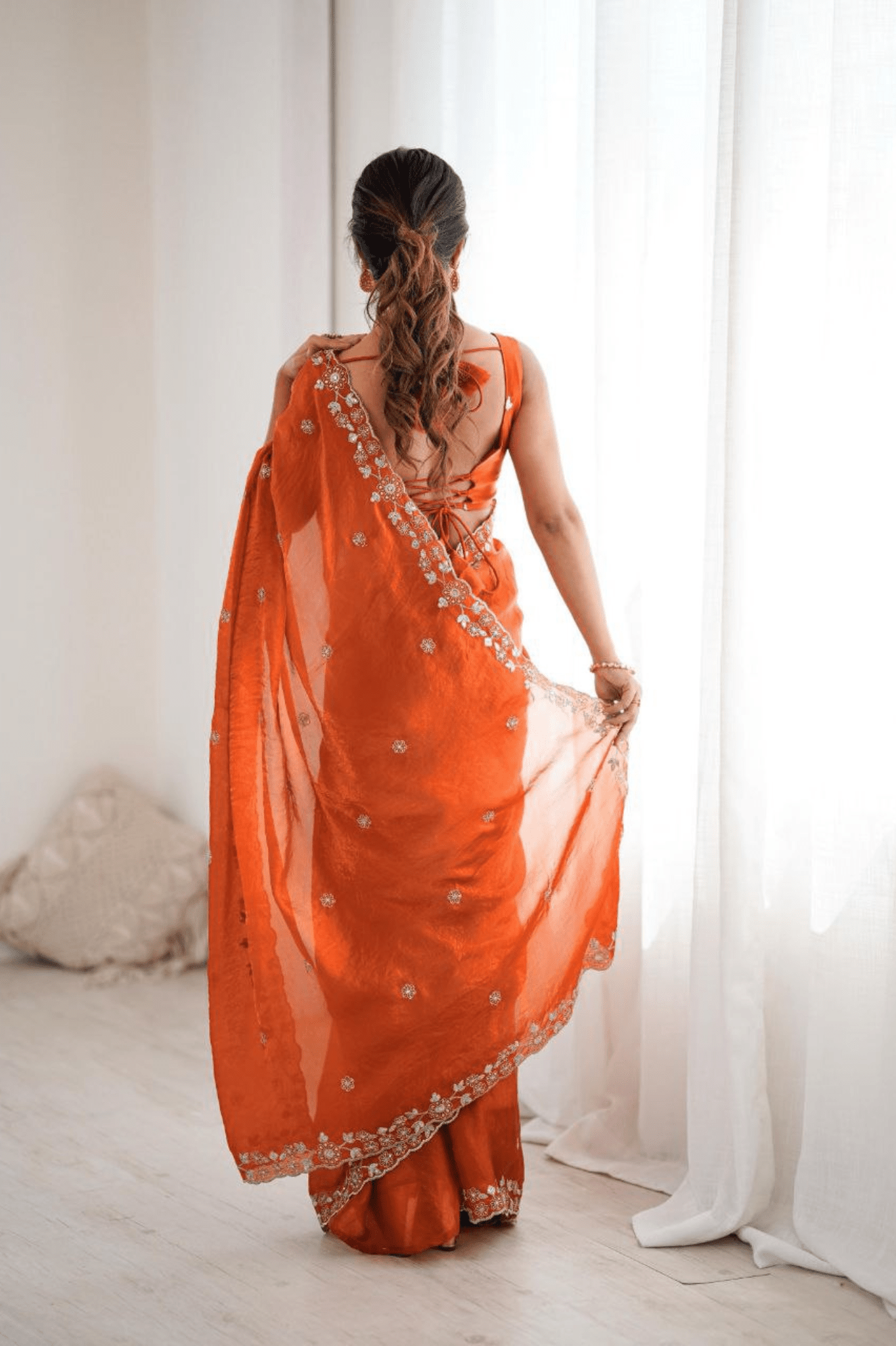 Rust Orange Heavy Fendy Silk Designer Saree with Thread & Sequin Embroidery - kavyo.in
