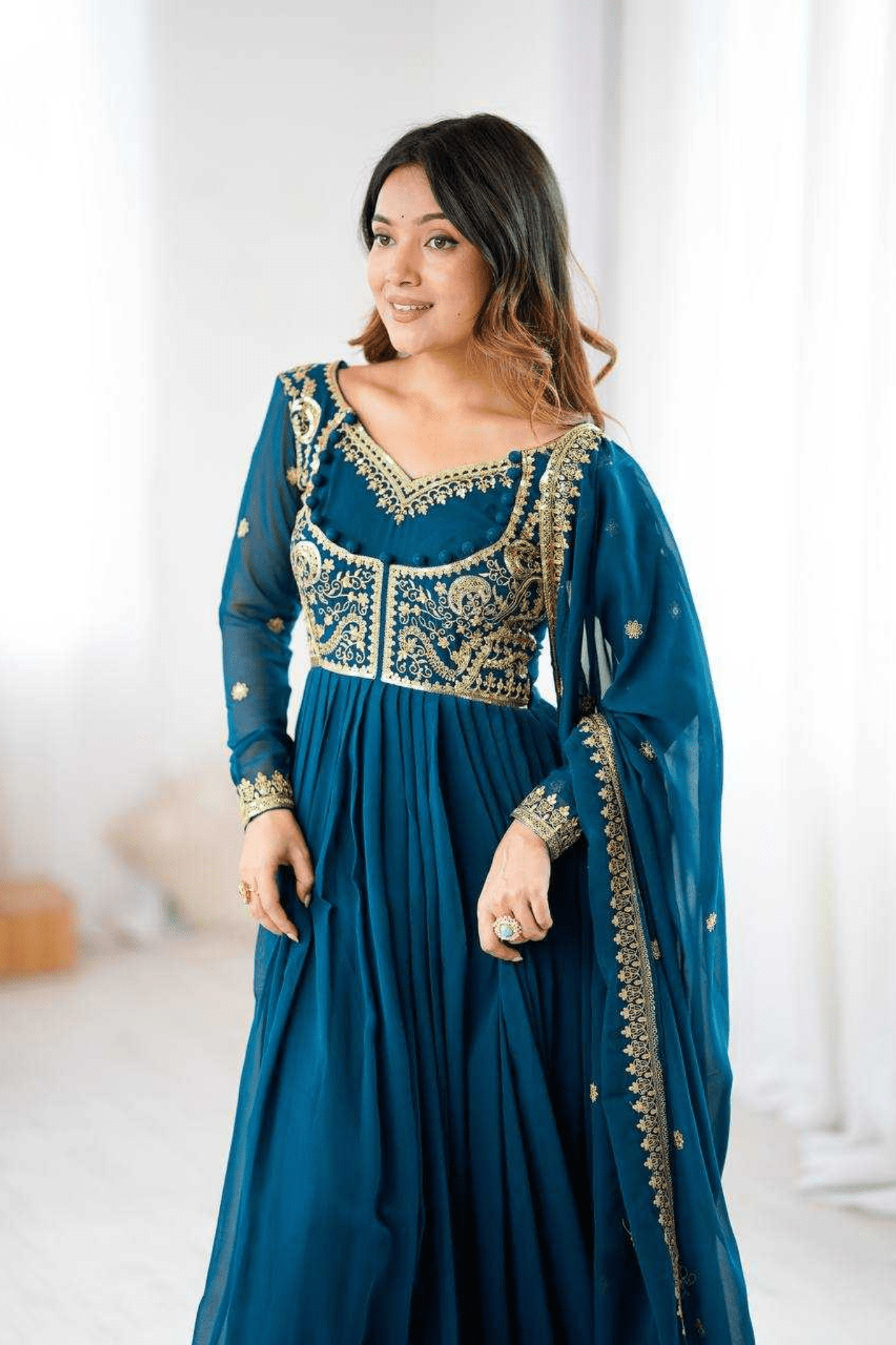 Teal Royale Faux Georgette Embroidered Suit Set with Dupatta - kavyo.in