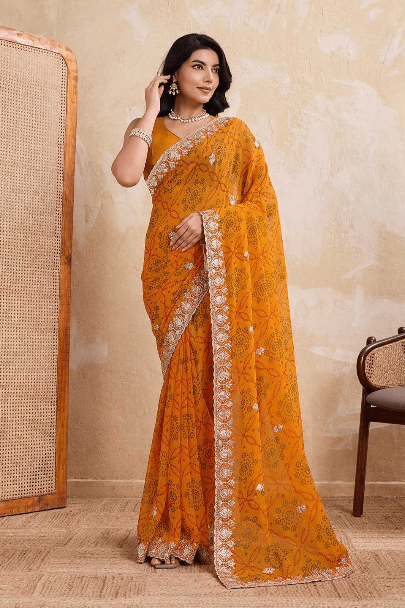Royal Bandhej Soft Georgette Wedding Saree with Heavy Cutwork Border - kavyo.in
