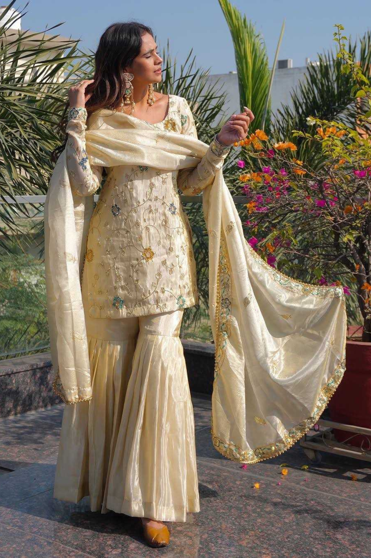 Ivory Aura Embroidered Chinnon Sharara Set