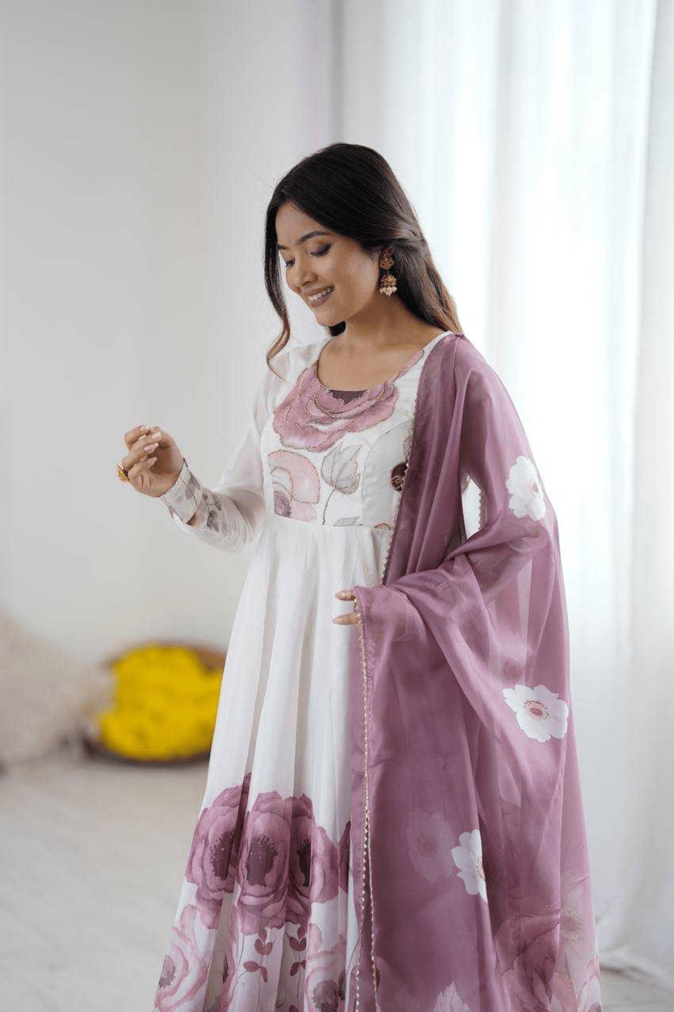 Lavender Purple Organza Silk Handwork Anarkali Gown Set - kavyo.in