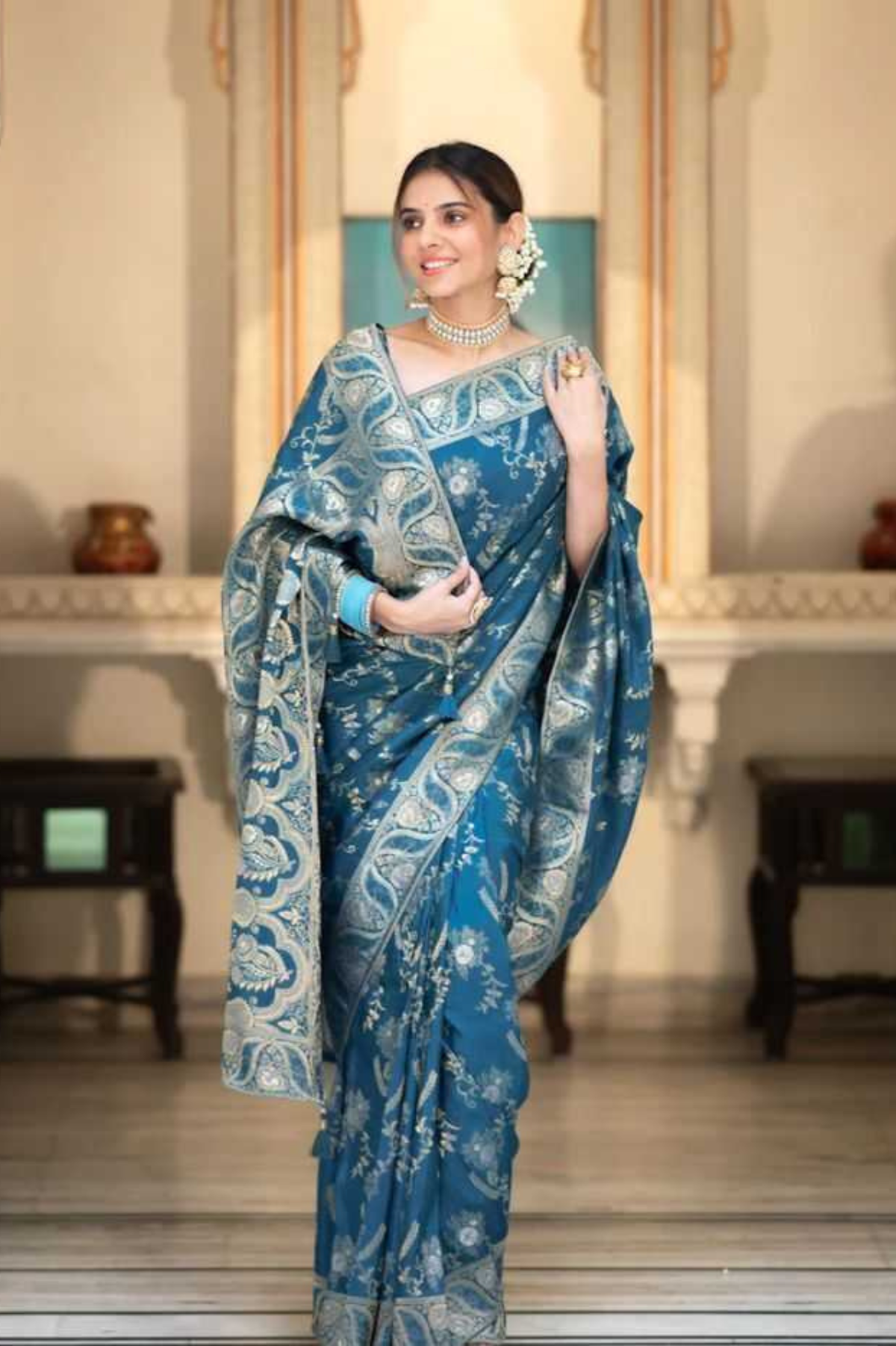 Sky Blue Kanjivaram Banarasi Silk Saree with Rich Zari Weaving & Jacquard Blouse