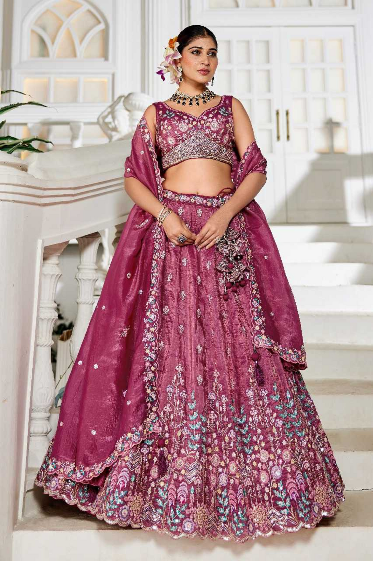 Burgundy Tissue Embroidered Designer Lehenga Set