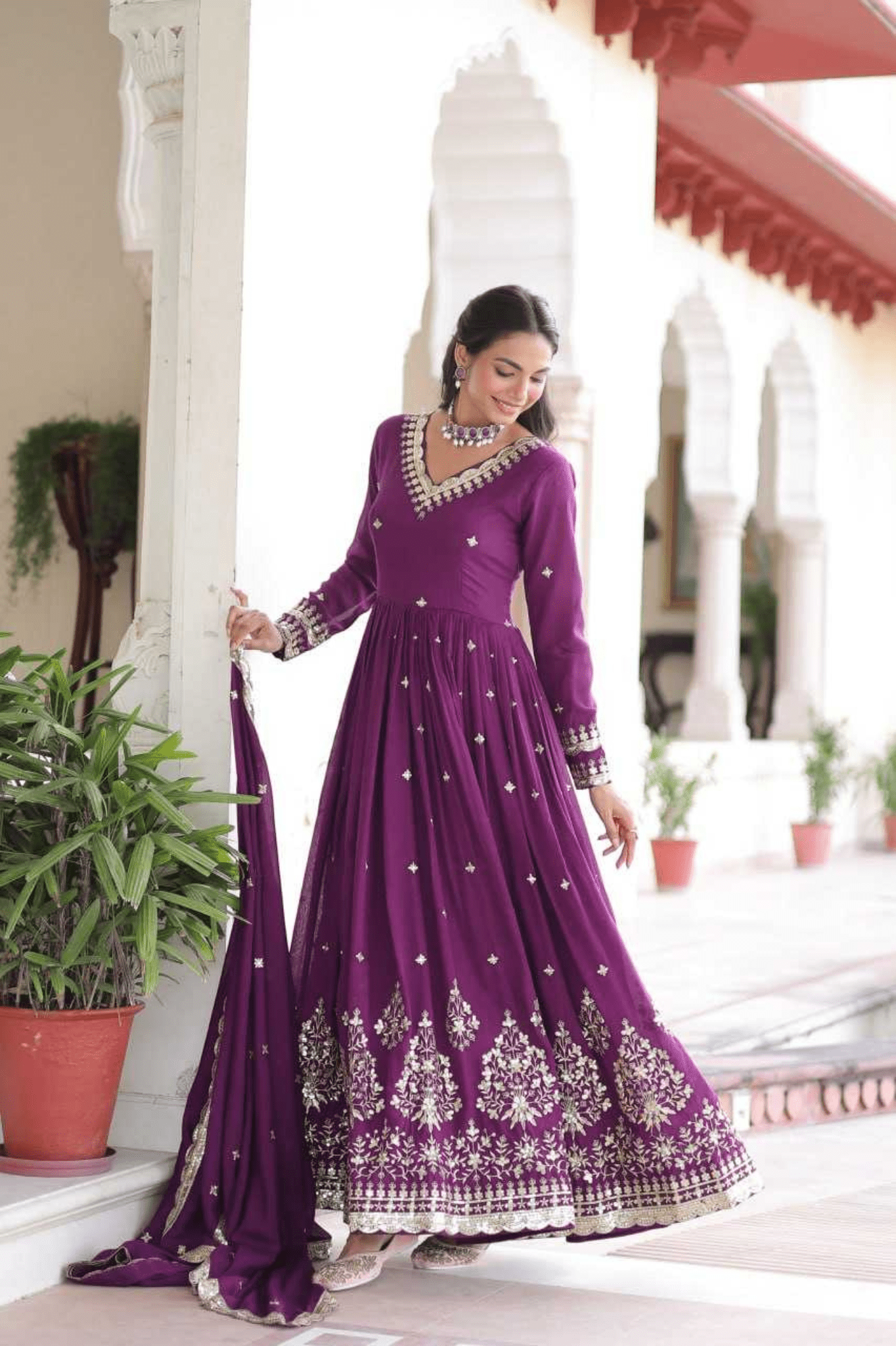 Purple Royal Vichitra Silk Anarkali Gown Set - kavyo.in