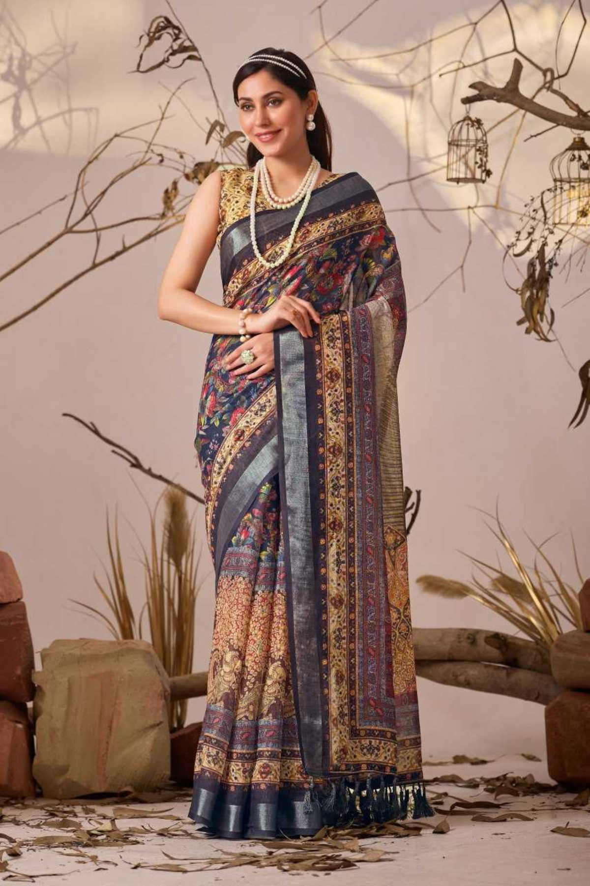 Premium Linen Cotton Saree with Digital Floral & Patola Print Border