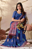 Royal Blue Soft Georgette Saree with Multicolor Geometric Digital Print & Tassel Pallu