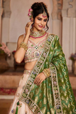Peach Tissue Embroidered Lehenga Choli with Green Dupatta