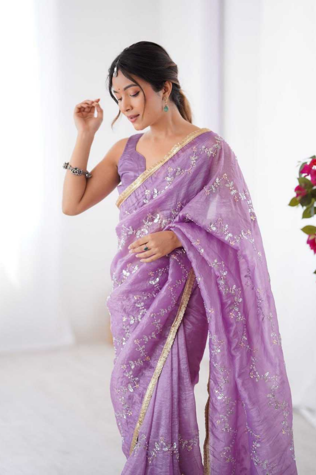 Purple Glam Crush Saree with Moti & ZigZag Sequin Embroidery