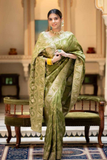 Mehendi Kanjivaram Banarasi Silk Saree with Rich Zari Weaving & Jacquard Blouse