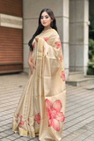 Soft Gold Banarasi Tissue Saree with Floral Print & Zari Detailing