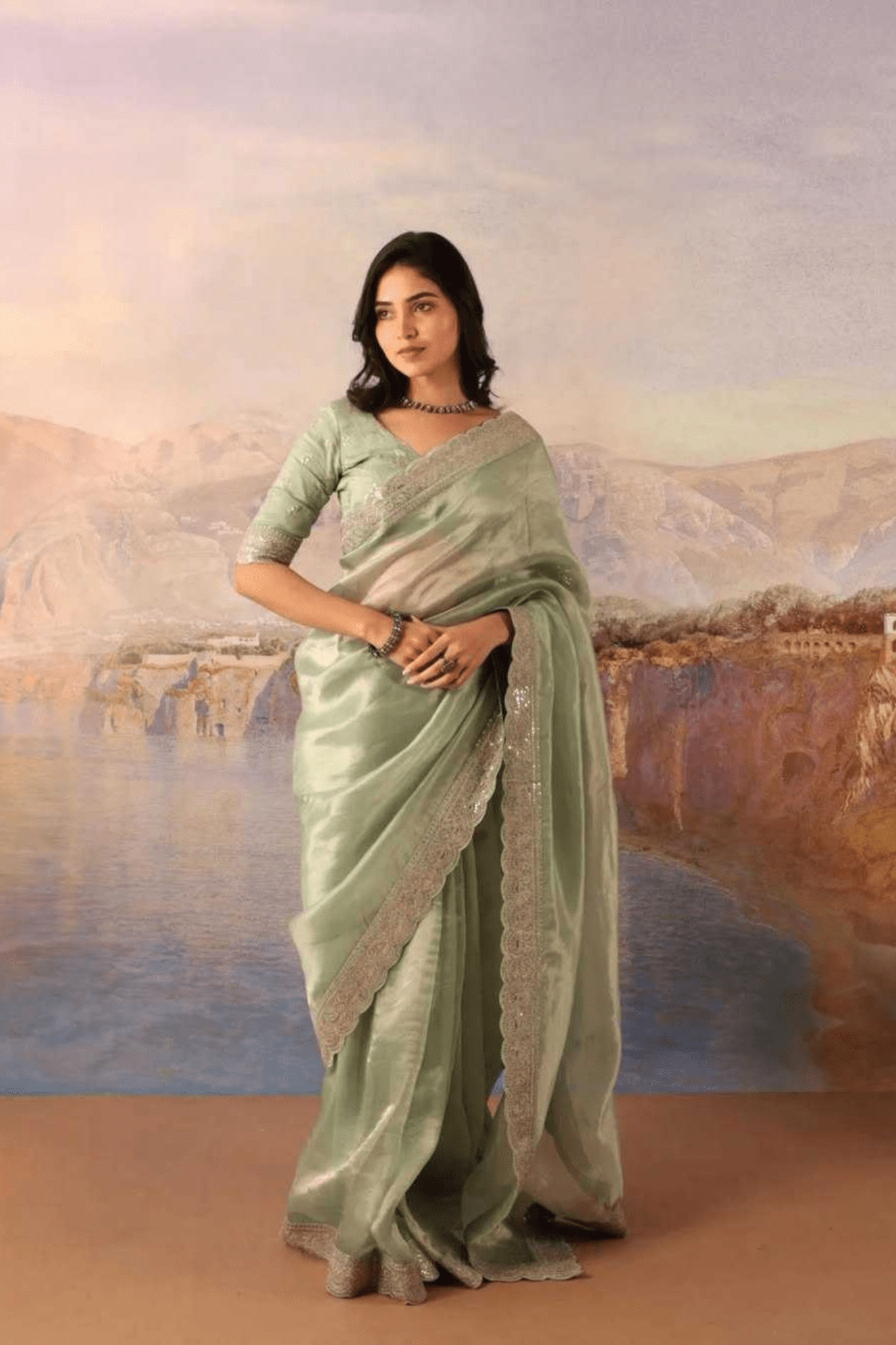 Mint Whisper Soft Zimmy Chu Silk Embroidered Saree with Designer Blouse - kavyo.in