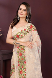 Designer Soft Net Saree with Chikankari Embroidery & Contrast Floral Work Border