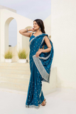 Teal Blue Chinon Saree with Zari, Dori & Sequins Embroidery