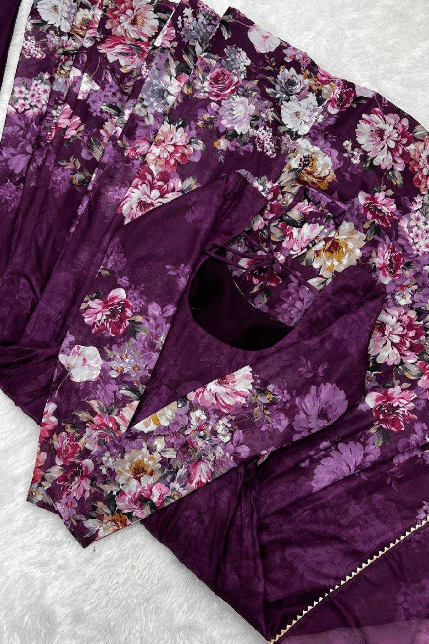 Royal Wine Floral Printed Organza Silk Anarkali Suit Set - kavyo.in